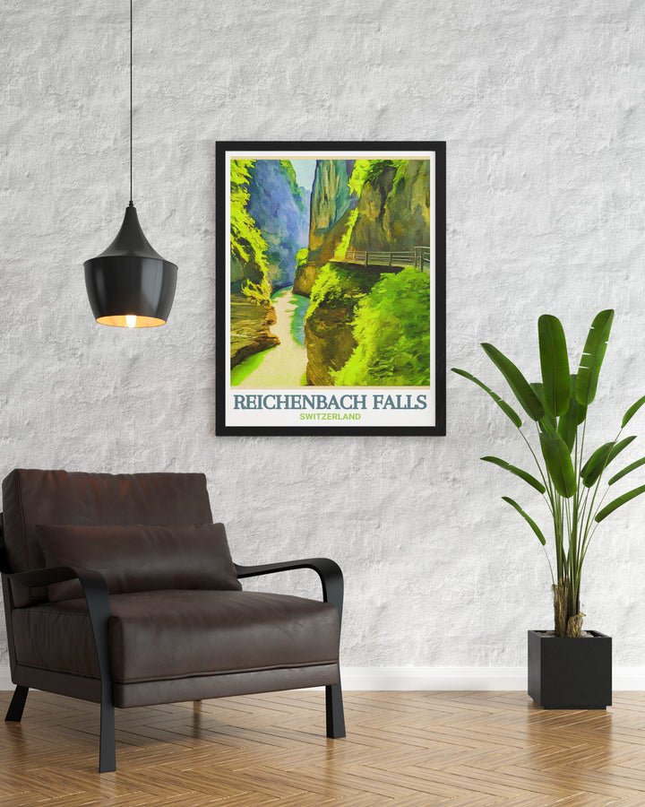 A stunning art print capturing the grandeur of Reichenbach Falls and Aare Gorge in Switzerland. The artwork brings together the natural beauty of these iconic landmarks, making it a perfect gift for travelers and nature lovers. Ideal as home decor, this Switzerland travel print highlights the rugged elegance of the Swiss landscape.