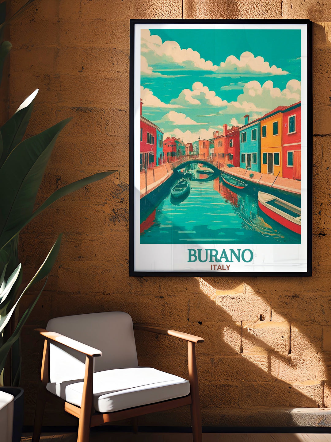 Elegant Burano travel poster featuring the beautiful Canals and Bridges of Burano. Perfect for enhancing your home with a touch of Venetian charm this print is ideal for art enthusiasts and travel lovers alike.