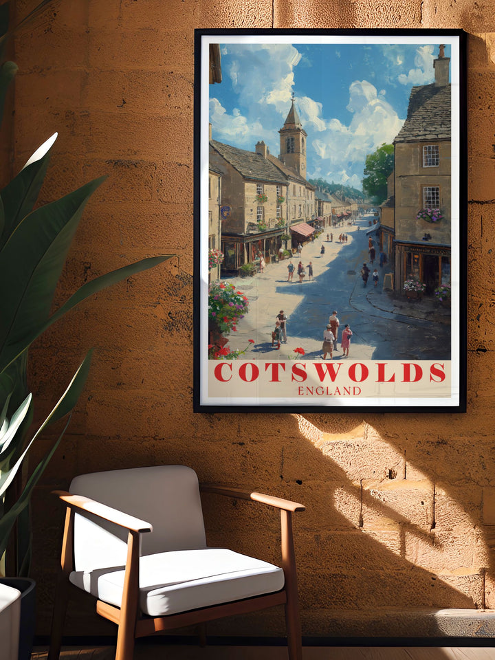 Featuring lush vistas of the Cotswolds and the iconic Stow on the Wold Market Square, this poster is perfect for those who wish to bring a piece of Englands natural beauty and architectural grandeur into their home.