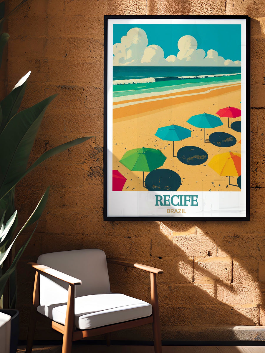 A vibrant art print of Boa Viagem Beach, Recife, Brazil. Ideal for beach lovers, this poster emphasizes the stunning contrast of Brazils bright sands and blue waters, offering a serene and scenic addition to any room.