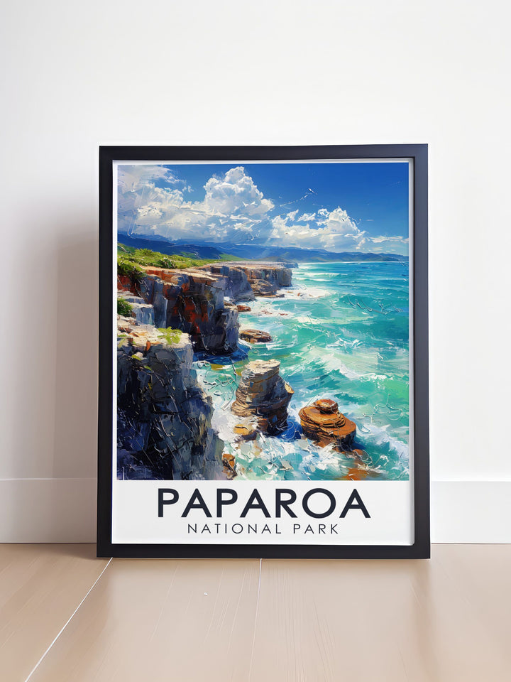 Stunning living room decor with framed prints of Pancake Rocks and blowholes capturing the dramatic landscapes and unique geological formations of New Zealand