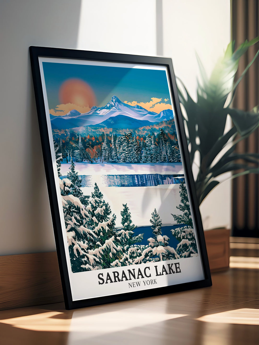 Saranac Lake print featuring Mount Baker and Adirondack Mountains Perfect for those who appreciate New York State art this print brings the natural beauty of the Adirondacks into your living space with its vibrant colors and detailed landscape