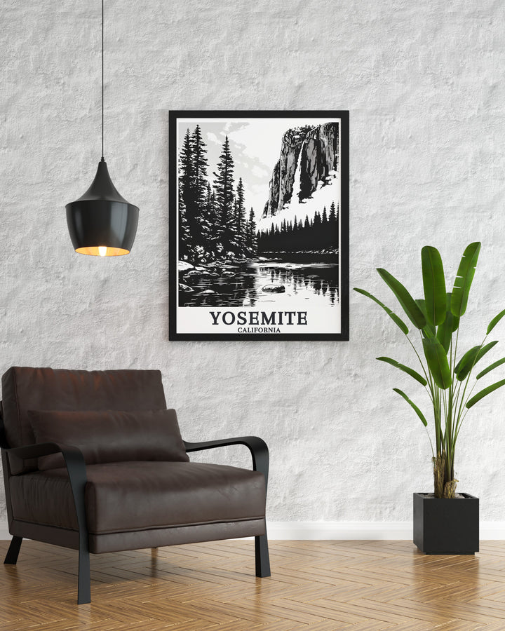 Yosemite National Park print with El Capitan and Yosemite Falls providing a timeless piece of artwork perfect for adding charm to your home