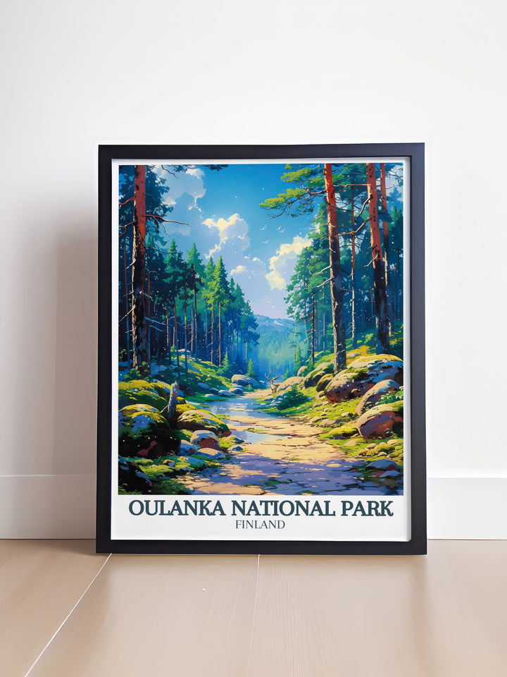 Scenic national park poster of Oulanka river Kiutakongas Rapids. Perfect for adding a touch of nature to your home decor. This travel poster art is an ideal gift for hiking lovers and fans of Scandinavian art.