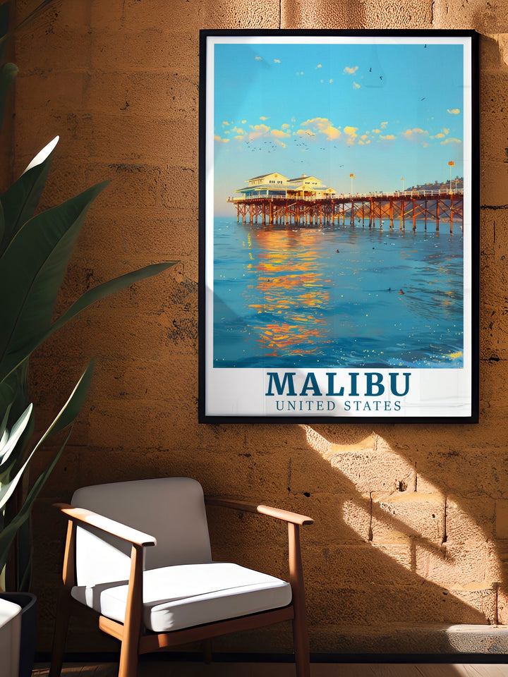 Add a touch of California elegance to your home with this Malibu travel print, featuring the iconic Malibu Pier. Perfect for beach lovers and those who enjoy modern art, this poster captures the essence of the Pacific Coast.