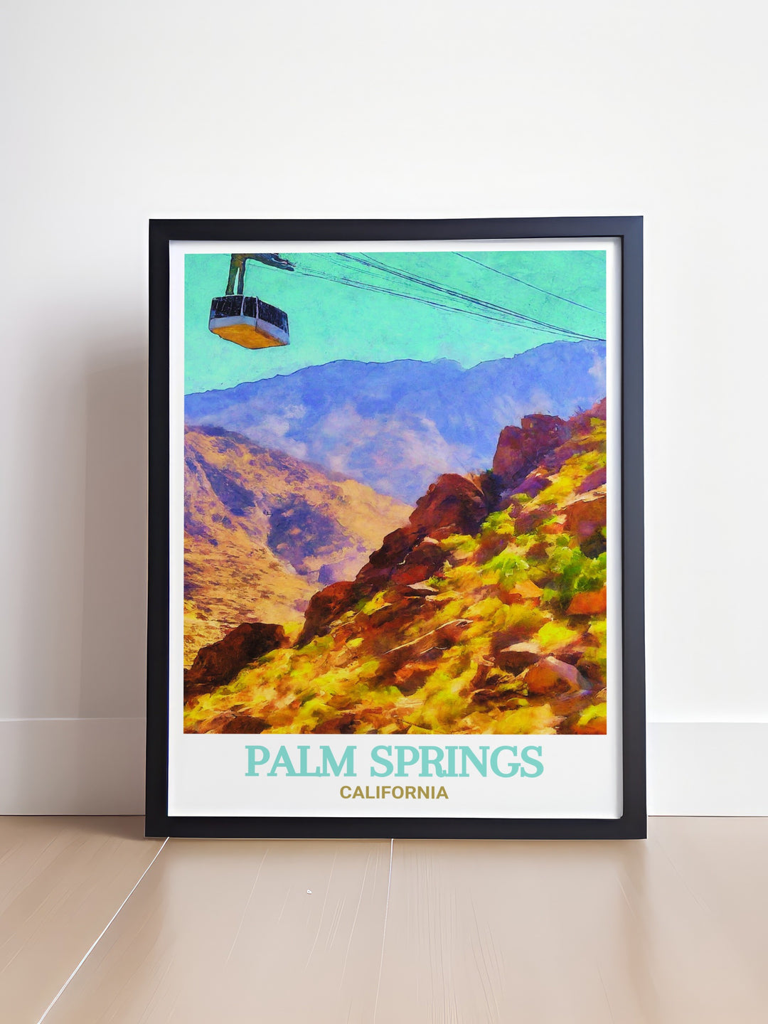 Palm Springs wall art showcasing the Yellow Hotel and the majestic Palm Springs Aerial Tramway. This artwork brings the lively spirit and stunning beauty of Palm Springs into your living space, providing a stylish and elegant addition to any room.