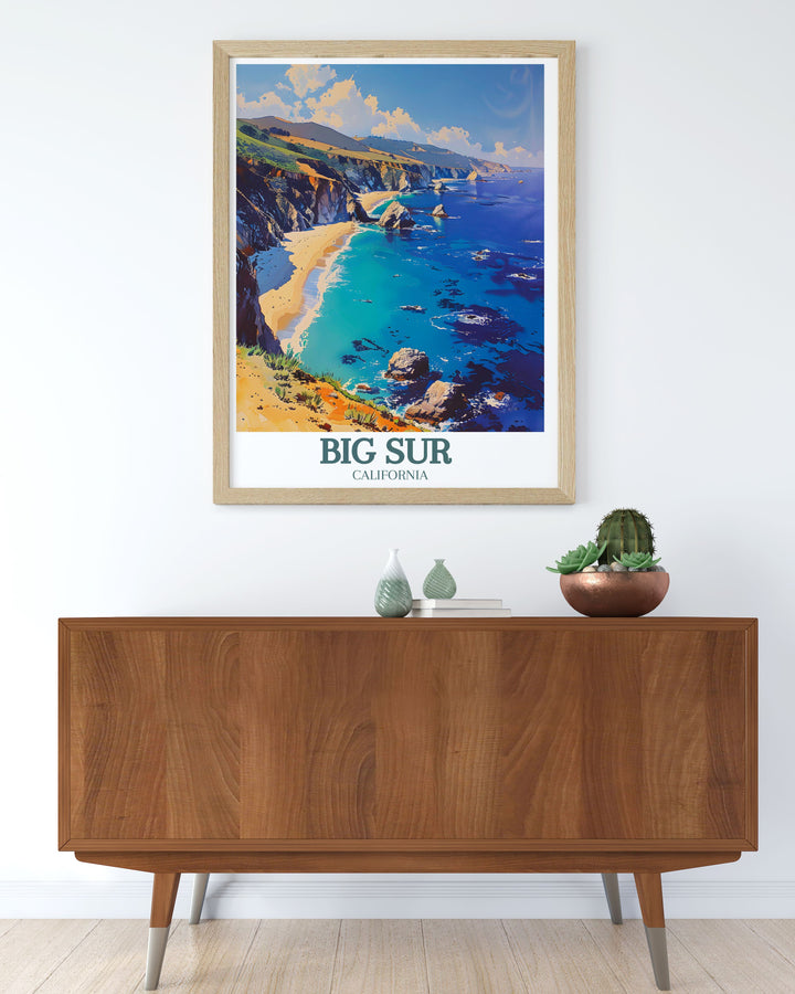This vibrant travel poster showcases the majestic Pacific Ocean and the historic Bixby Creek Bridge, perfect for adding a touch of Californias coastal beauty to your walls.