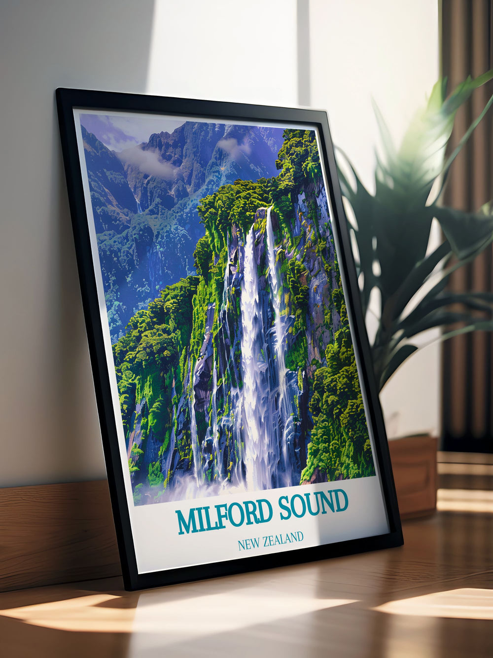 Stirling Falls modern print showcasing the stunning waterfall and its dramatic plunge into the fjord of Milford Sound. Perfect for creating an elegant and natural ambiance in any room.