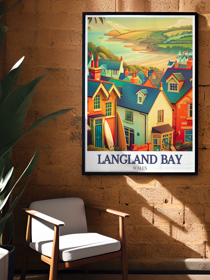 Gower Coast Path Vintage Poster offers a timeless depiction of the rugged beauty of Wales coastline, showcasing the winding trails and scenic views around Langland Bay and Langland Village. This artwork is perfect for nature lovers and outdoor enthusiasts.