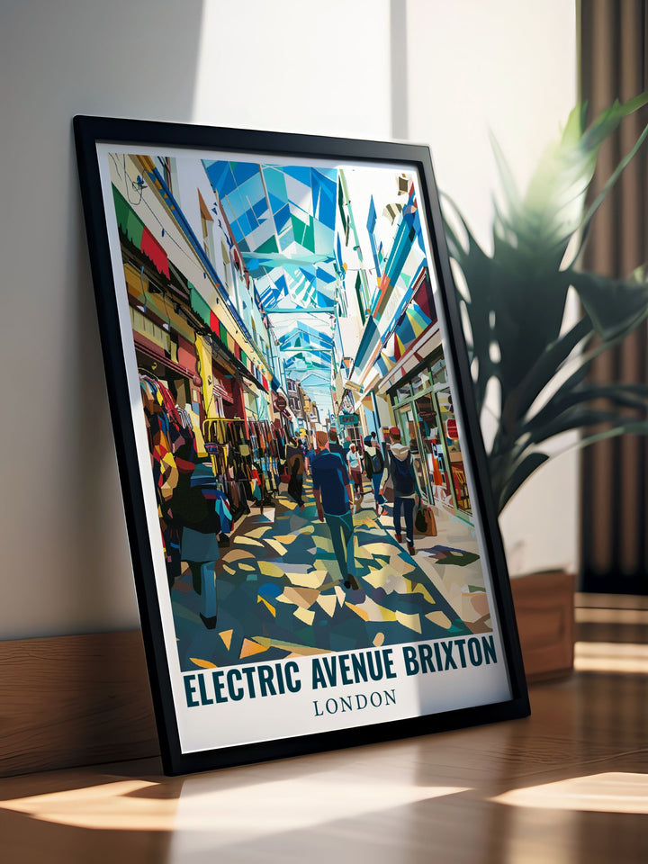 The lively scenes of Electric Avenue and Brixton Market are beautifully illustrated in this travel poster, capturing the essence of a bustling London neighborhood known for its dynamic culture and history.