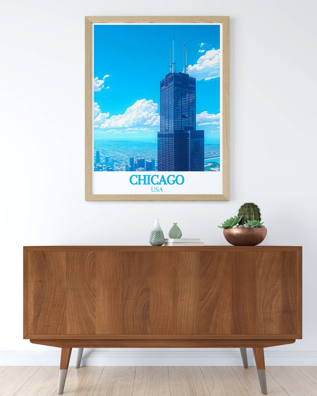 Chicago art print featuring The Willis Tower Formerly Sears Tower in stunning detail. This vibrant and crisp photograph is a great addition to any collection of Chicago wall art and makes a wonderful gift for architecture and travel aficionados.