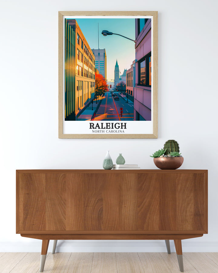 Elegant Raleigh poster featuring the dynamic skyline of Downtown Raleigh and the historic landmarks of Durham. The print highlights the contrast between Raleighs modernity and Durhams rich heritage, perfect for enhancing any North Carolina inspired decor