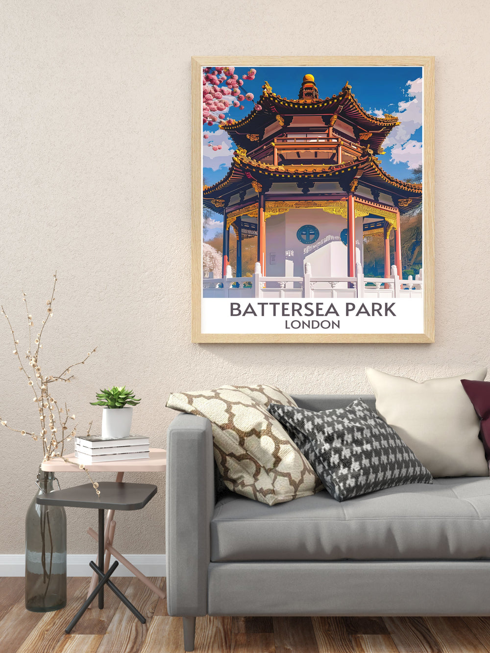 Vintage London print featuring the iconic Battersea Park Pagoda offering a peaceful and calming visual ideal for enhancing your home decor