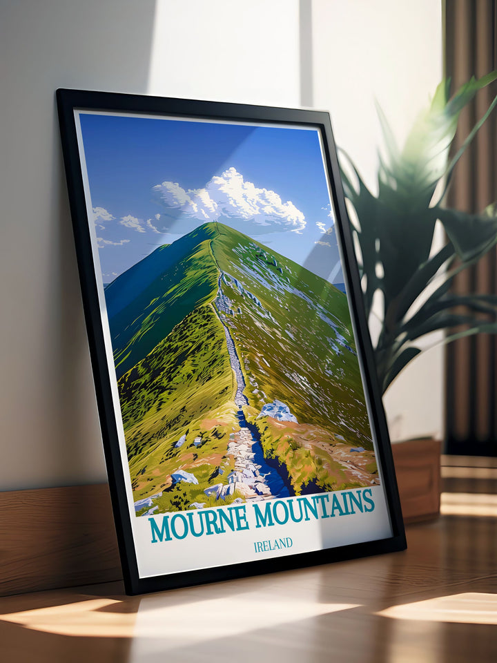 Featuring the scenic vistas of the Mourne Mountains, this poster offers a visual representation of one of Irelands most beautiful natural landmarks, ideal for those who cherish outdoor adventures.
