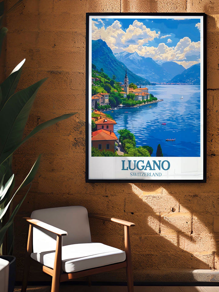 Showcasing the historical richness of Lake Lugano, this travel poster features iconic landmarks and serene landscapes. Ideal for history lovers, this piece brings the fascinating history of Switzerlands landmarks into your home.