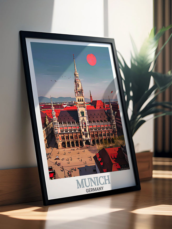 Add the architectural splendor of Munich to your space with this Marienplatz Wall Poster. Featuring the stunning New Town Hall and the lively square, this artwork is ideal for those who love European cities and history.