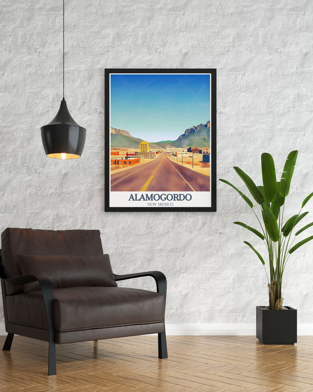 Alamogordo travel poster showcasing Sacramento Mountains and US 82 road bringing the beauty of New Mexico into your home decor this Alamogordo print is ideal for anyone looking for unique artwork or a thoughtful New Mexico gift with its striking design.