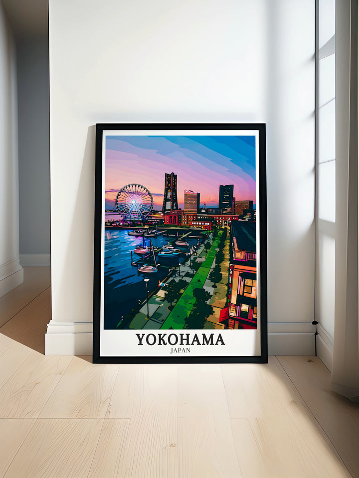 Yokohamas Ferris wheel, a symbol of the citys modern spirit, is beautifully illustrated in this print. Set against the serene backdrop of Yamashita Park, the artwork highlights the blend of urban innovation and natural beauty that defines Yokohama. This piece is perfect for anyone who loves contemporary Japanese design.