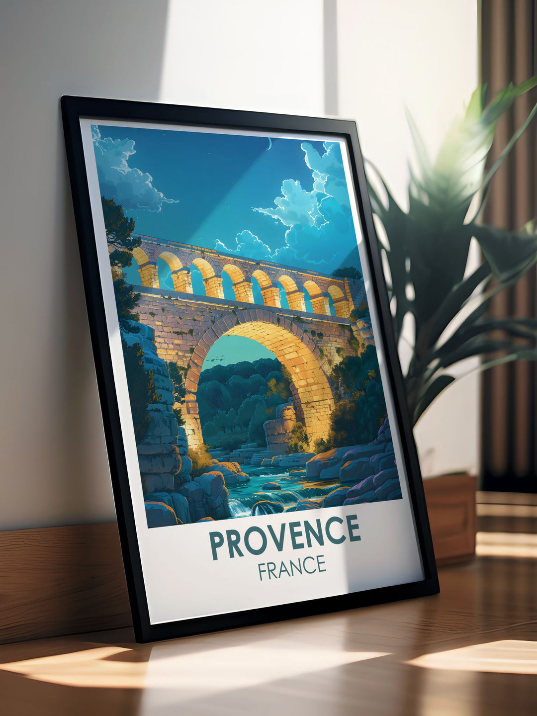 Experience the historical significance of the Pont du Gard in Provence with this detailed art print, highlighting the architectural brilliance and the serene Gardon River below.
