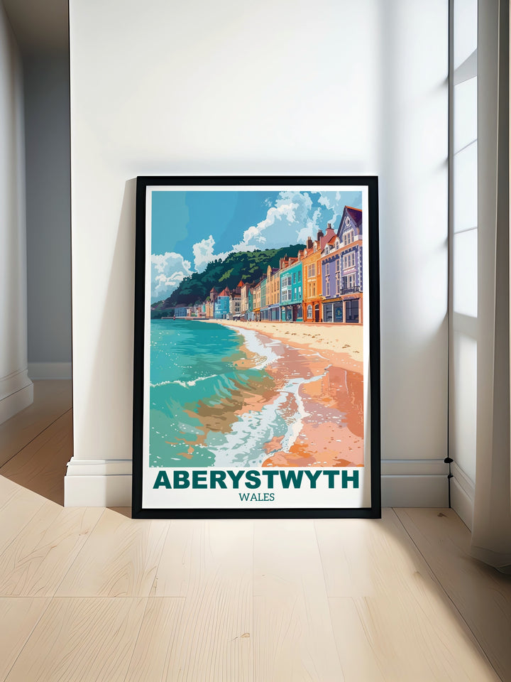 The Aberystwyth poster print showcases the towns iconic waterfront and pier against the serene backdrop of the Welsh coastline. This detailed travel print captures the charm and beauty of Aberystwyth, making it perfect for home décor or as a gift for anyone who loves Wales.