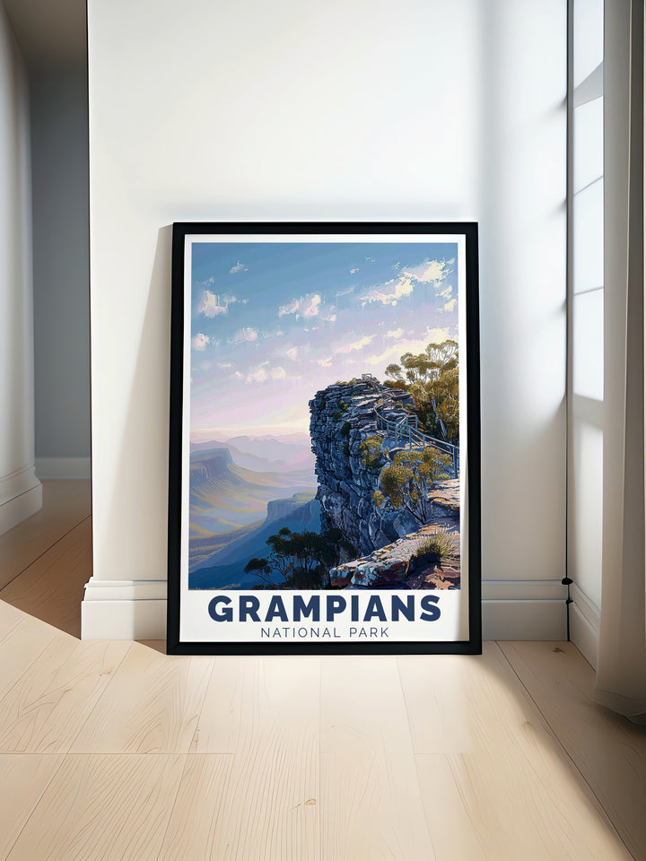 This Grampians travel poster celebrates the beauty of Australias wild outdoors. Featuring the iconic Pinnacle, this poster is a stunning addition to any nature themed decor. Perfect for travelers and adventurers, it provides a glimpse of the scenic views that make the Grampians so beloved.