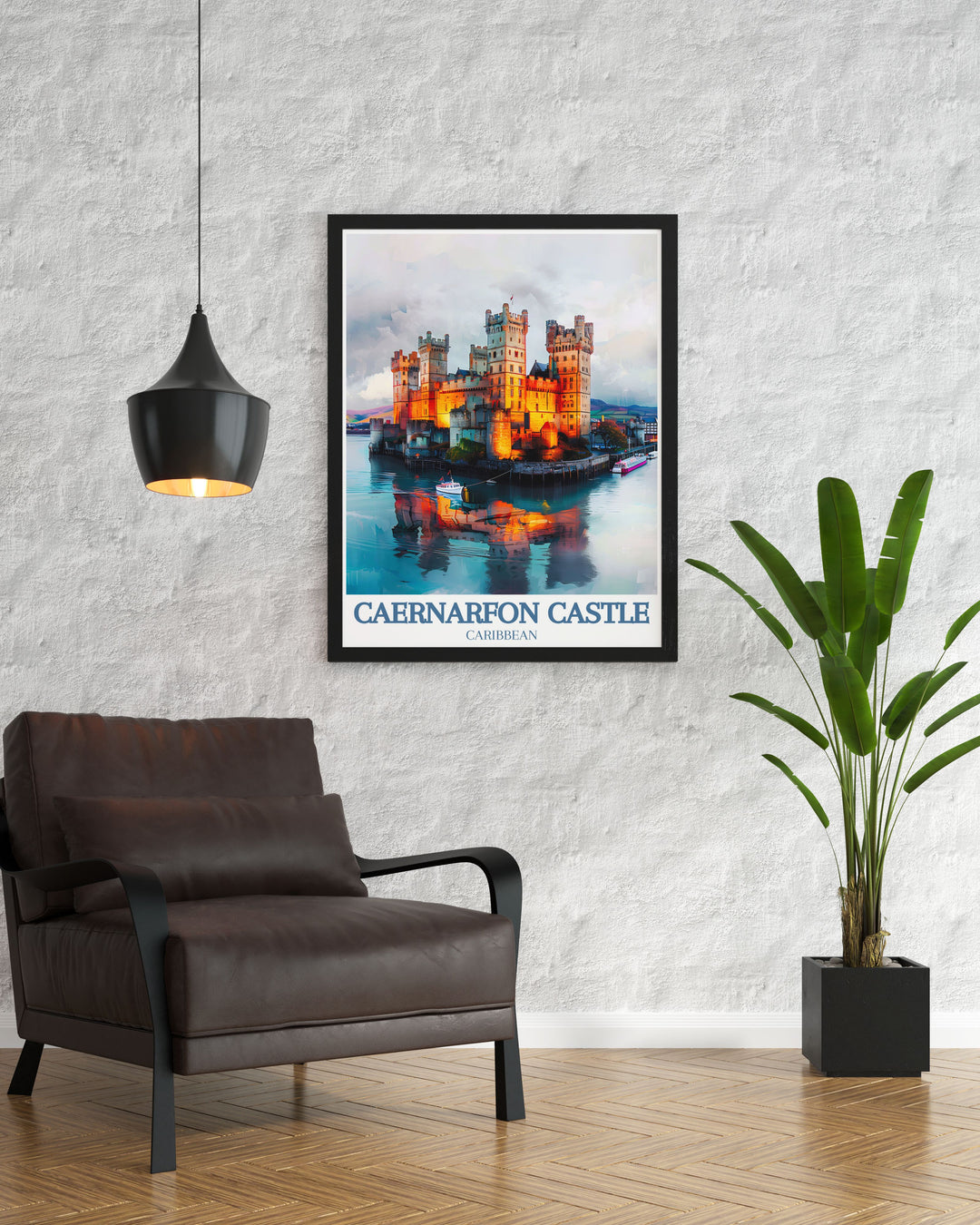 Elegant Caernarfon Castle wall art depicting the fortress, Beddgelert Village, and Snowdon Ranger, showcasing the areas natural and historical beauty. Perfect for adding sophistication and a touch of Welsh heritage to any room.
