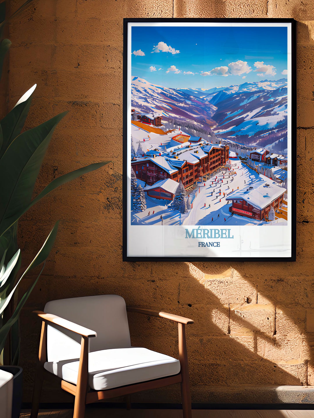 This detailed poster of Méribel illustrates the vibrant snowboarding culture and well groomed slopes, making it an excellent addition to any art collection celebrating winter sports.