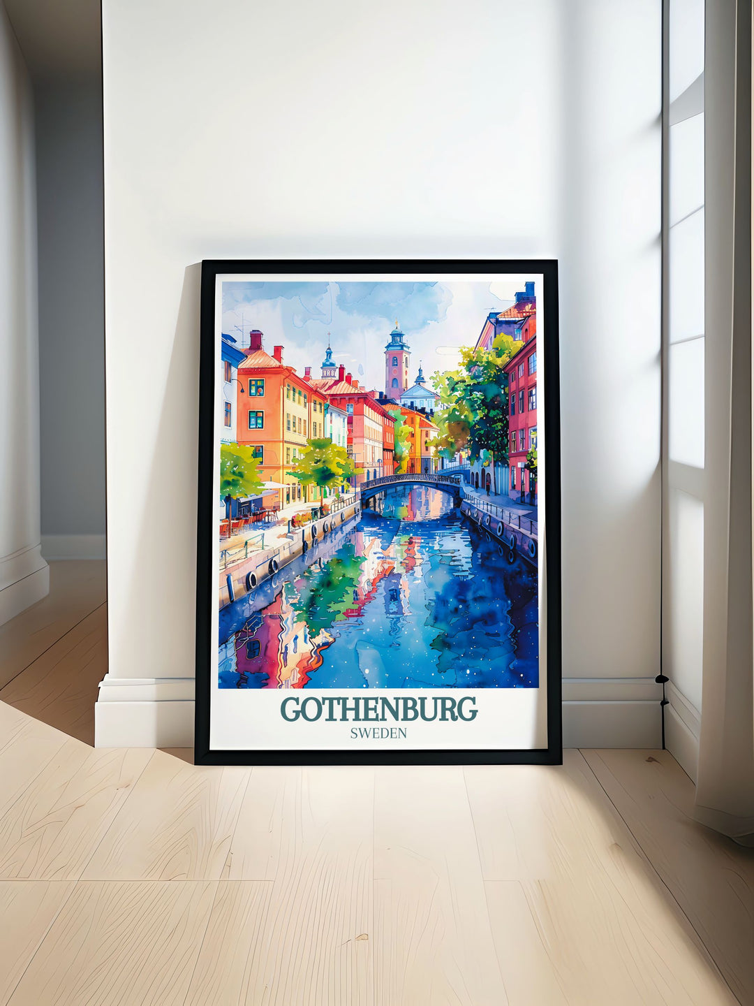 This travel poster of Gothenburg features the citys iconic canals and historic landmarks, offering a beautiful representation of Swedens urban charm. Ideal for art lovers and travelers, this piece captures the essence of Gothenburgs vibrant culture and rich history.