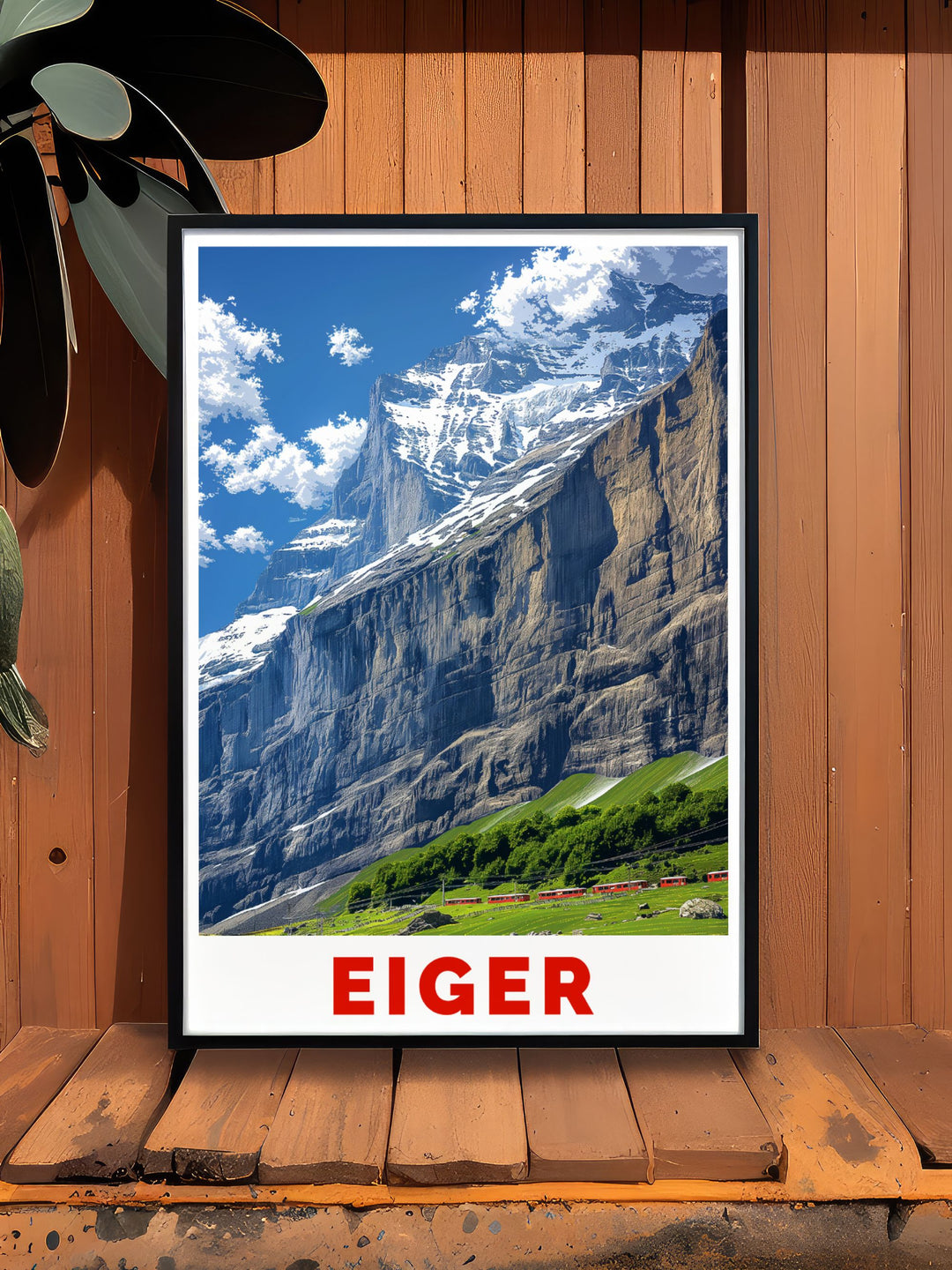Vintage travel print of Eiger North Face capturing the dramatic cliffs and alpine scenery of this iconic Swiss mountain ideal for those who love retro travel posters and want to add a sense of adventure to their home decor.