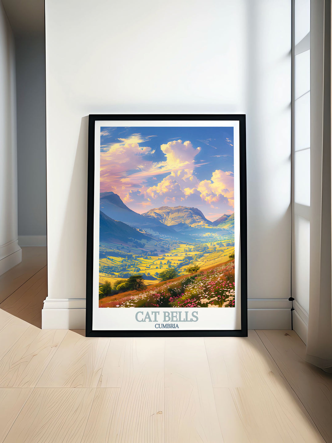 Newlands Valley travel poster showcasing the serene landscape of the Lake District perfect for wall decor this mountain print captures the beauty of Derwentwater and Cat Bells Cumbria making it ideal for home living decor and as a gift for hikers who love nature.