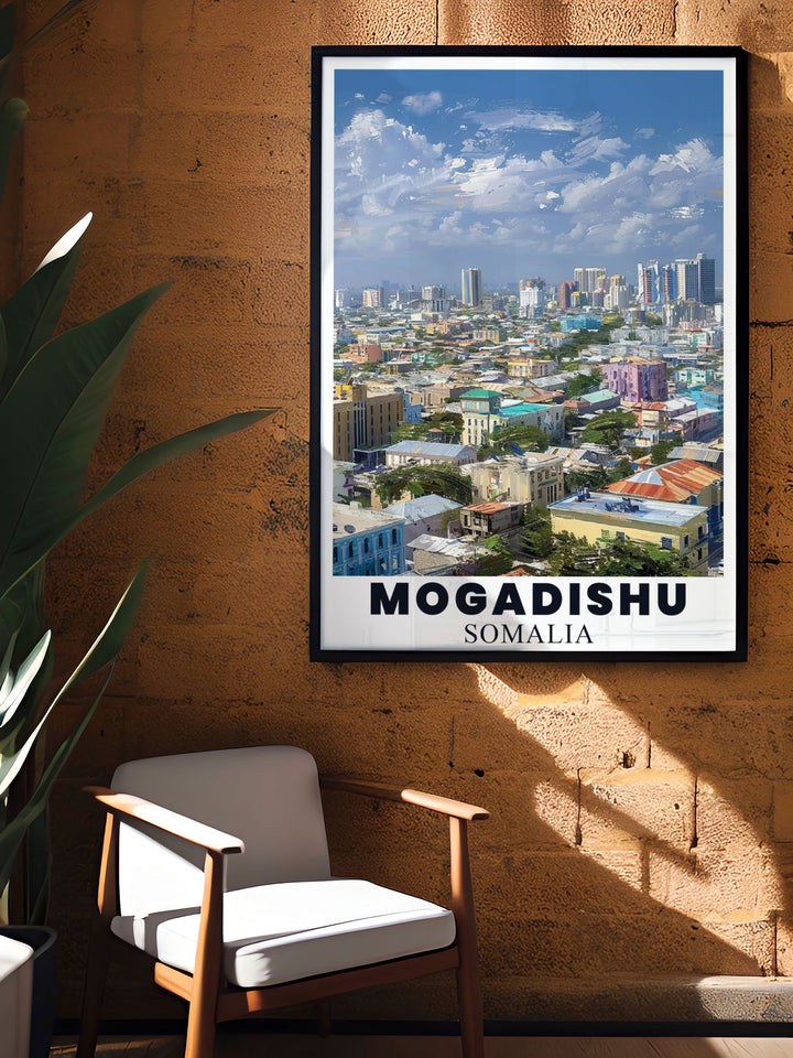 Featuring the iconic cityscape and lively atmosphere of Mogadishu, this travel poster is perfect for those who love exploring historic cities and appreciating African heritage.