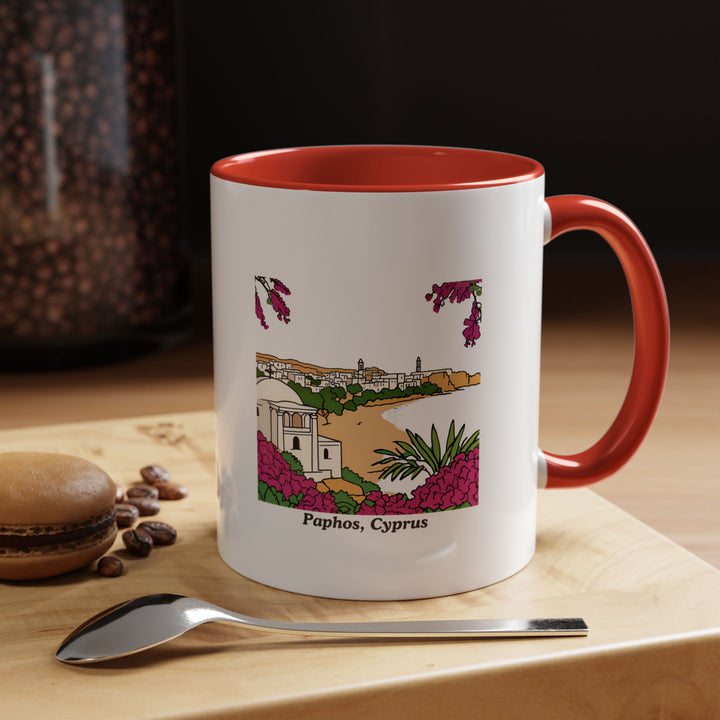 A beautifully designed Paphos Cyprus Mug showcasing vibrant artwork inspired by the Mediterranean beauty of Paphos. Dishwasher-safe ceramic construction makes it perfect for coffee lovers and as a meaningful gift or keepsake for Cyprus enthusiasts.