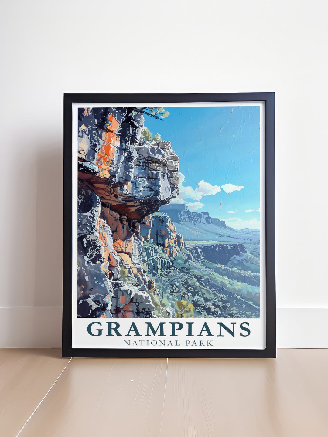 This Grampians National Park poster print beautifully captures the rugged beauty of one of Australias most iconic landscapes. Featuring the towering cliffs and serene environment of the Hollow Mountains, this print makes a perfect addition to your home. Celebrate Australias wilderness with this high quality poster, ideal for nature lovers and travelers alike.