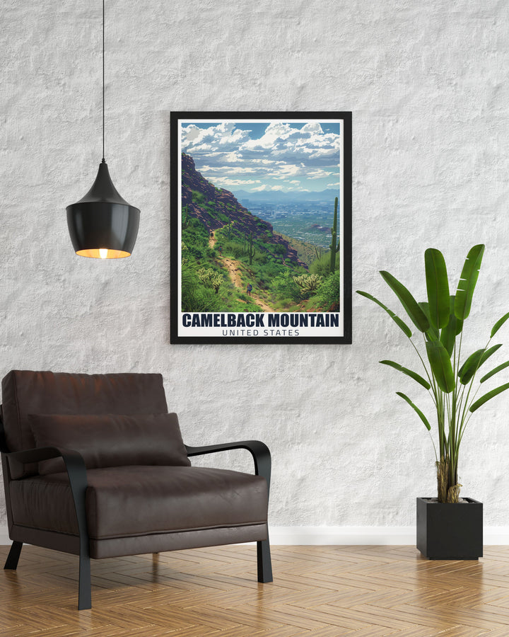 Capture the essence of Arizona with this stunning Cholla Trail vintage print. Ideal for home decor or as a gift this Arizona travel art piece showcases the breathtaking views of Mt. Camelback and the unique beauty of the Cholla Trail.