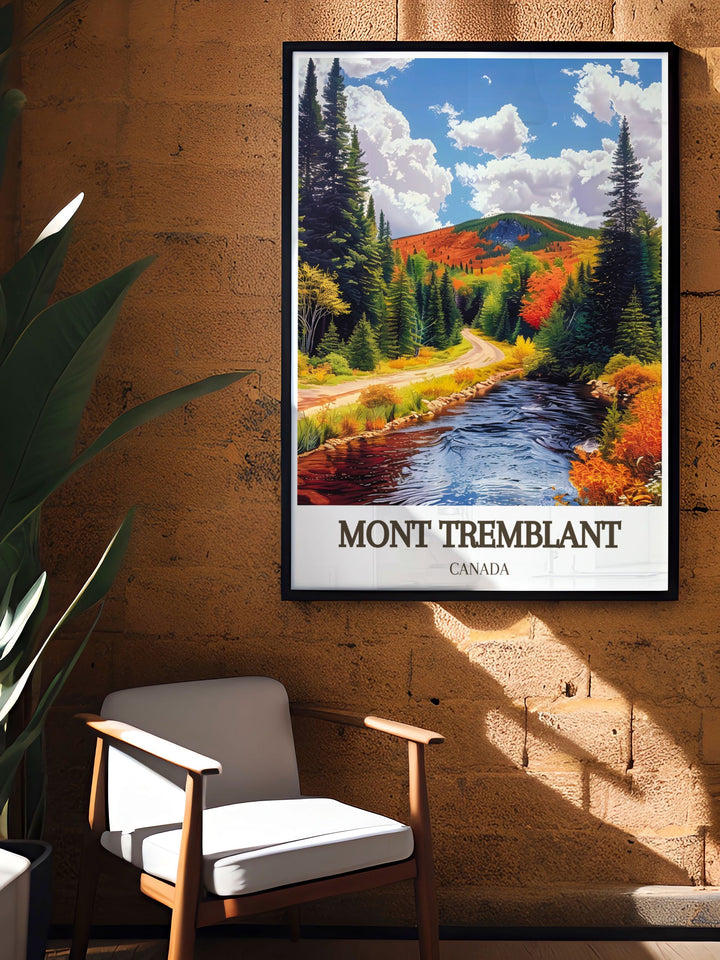 Mont Tremblant National Park artwork depicting the breathtaking beauty of the Laurentian Mountains and the renowned Mont Tremblant Ski Resort ideal for enhancing your home decor with vibrant colors and intricate details of Canadian wilderness.