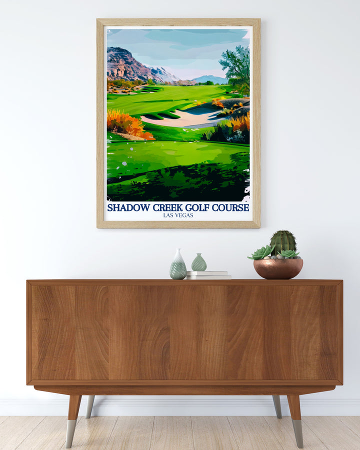 Shadow Creek Golf Course, with its lush green fairways and surrounding Nevada desert, is beautifully highlighted in this travel print. The detailed artwork includes the distant Black Mountain, creating a picturesque scene that brings the calm of the outdoors into any room. Ideal for those who love golf and travel art.