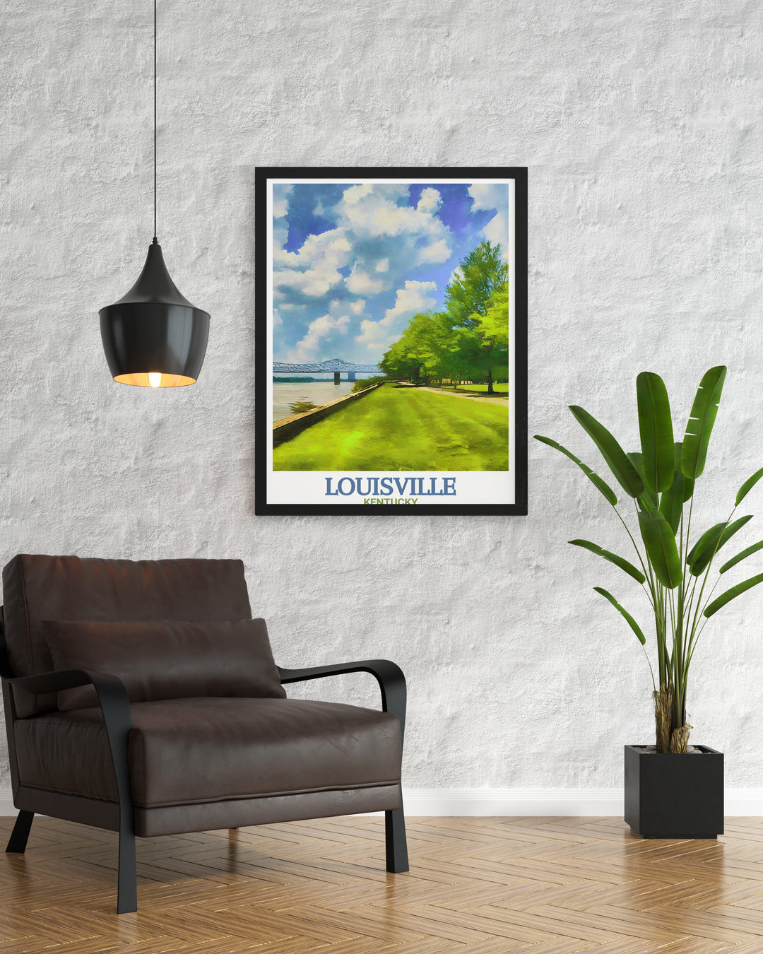 A Louisville travel poster featuring Waterfront Park, with its lush greenery and serene riverfront views. This artwork captures the essence of Kentuckys outdoor beauty, making it a perfect gift or decor piece for nature lovers and city dwellers alike.