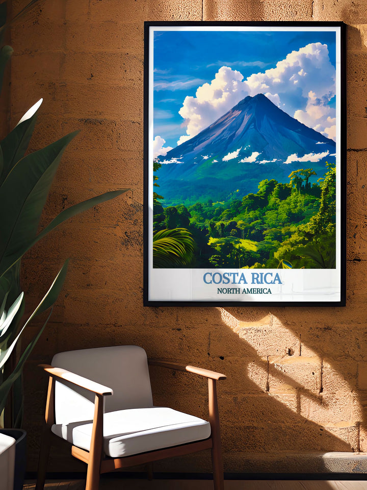 Admire the stunning vistas of Arenal Volcano with this poster, depicting the serene landscapes and geothermal activity surrounding this famous Costa Rican landmark, ideal for nature lovers and adventurers.