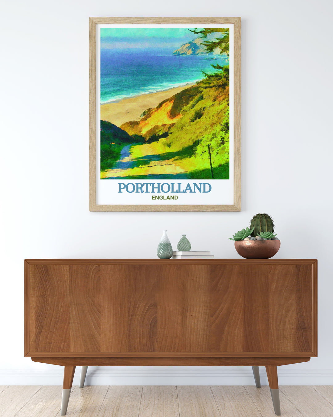 This travel poster beautifully illustrates Portholland and its beach, celebrating the natural beauty and timeless charm of Cornwall. The vibrant colors and detailed depiction make this a standout piece for any coastal themed decor.