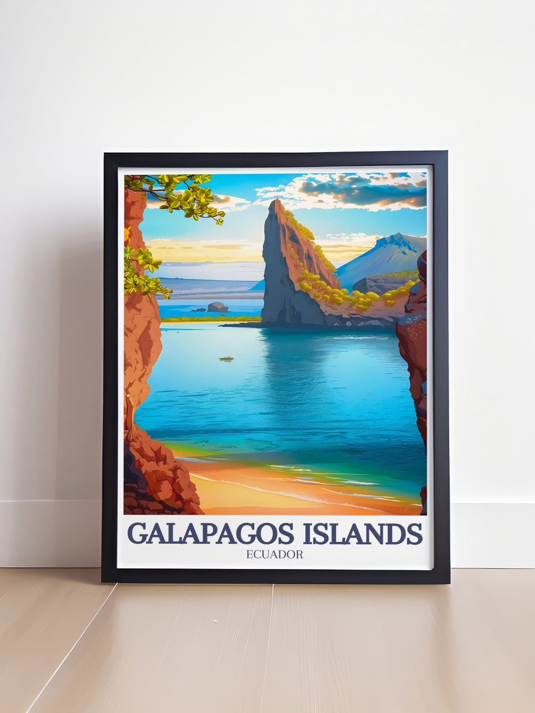 Ecuador wall art featuring the iconic Pinnacle Rock and the sandy shores of Bartolomé Island. This Galapagos Islands poster is a beautiful way to bring the magic of Ecuadors landscapes into your living space, offering a striking display of natures grandeur.