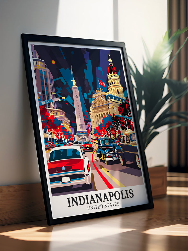 Indianapolis Posters. These posters capture the grandeur of the Soldiers and Sailors Monument and Indiana Statehouse, making them perfect for travel art and home living decor. Ideal for those who love historic landmarks and urban scenes.