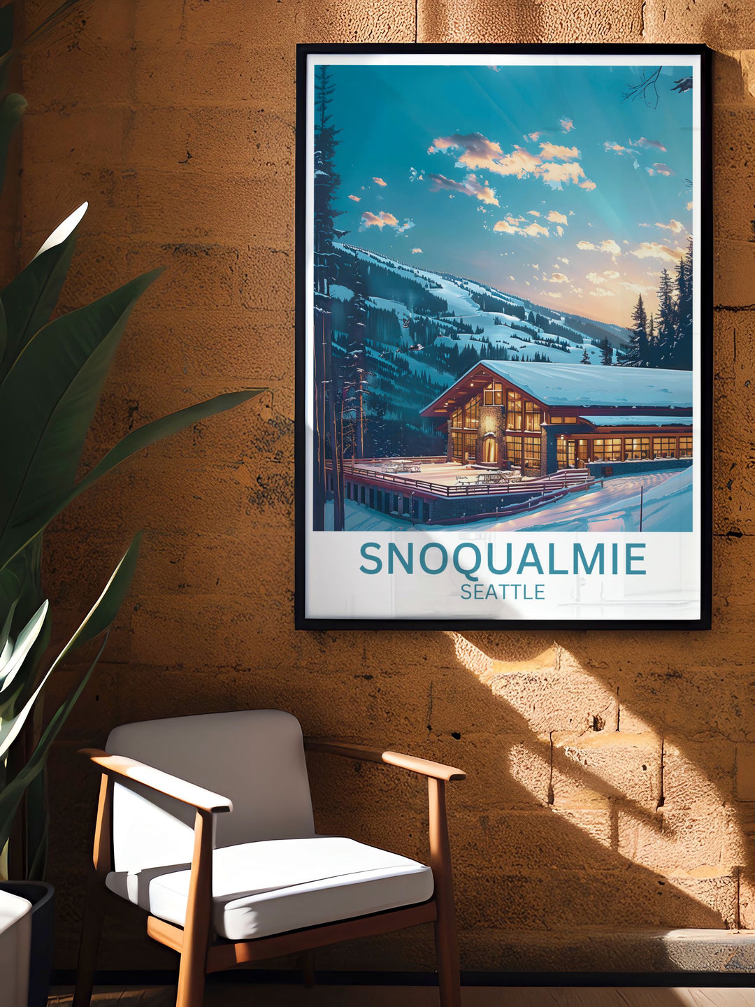 Reveal the captivating allure of The Summit at Snoqualmie with this travel poster, illustrating the scenic ski trails and majestic mountain backdrop.