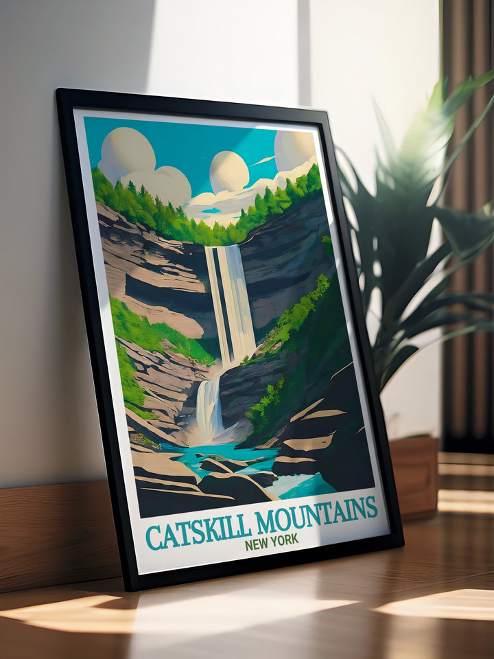 Kaaterskill Falls modern art prints capture the breathtaking scenery of New Yorks Catskill Mountains. These travel prints are perfect for adding an artistic portrayal of nature to your home decor.