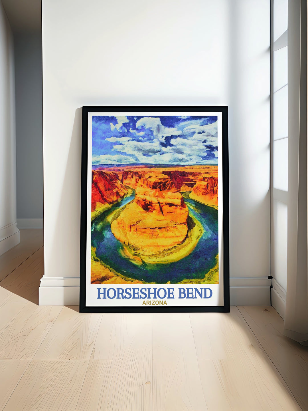 Featuring the breathtaking views of Horseshoe Bend, this Grand Canyon travel print showcases the natural beauty and unique geological formations of Arizonas desert landscape.