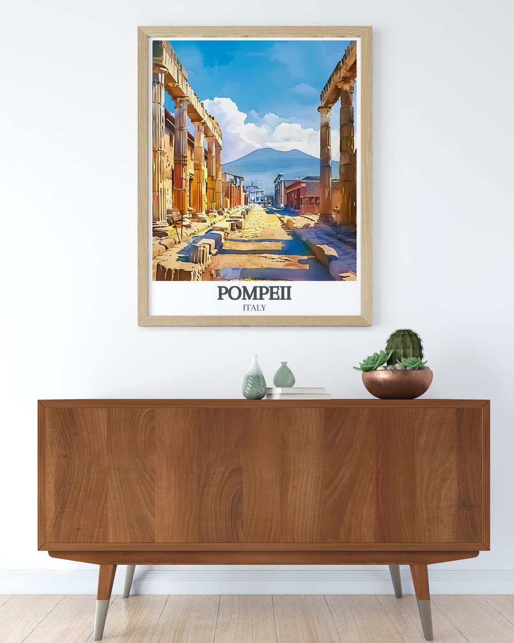 This Italy wall poster showcases the Forum of Pompeii with intricate details and vibrant colors capturing the ancient ruins and Mount Vesuvius for a perfect wall decor.