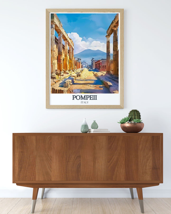 This Italy wall poster showcases the Forum of Pompeii with intricate details and vibrant colors capturing the ancient ruins and Mount Vesuvius for a perfect wall decor.