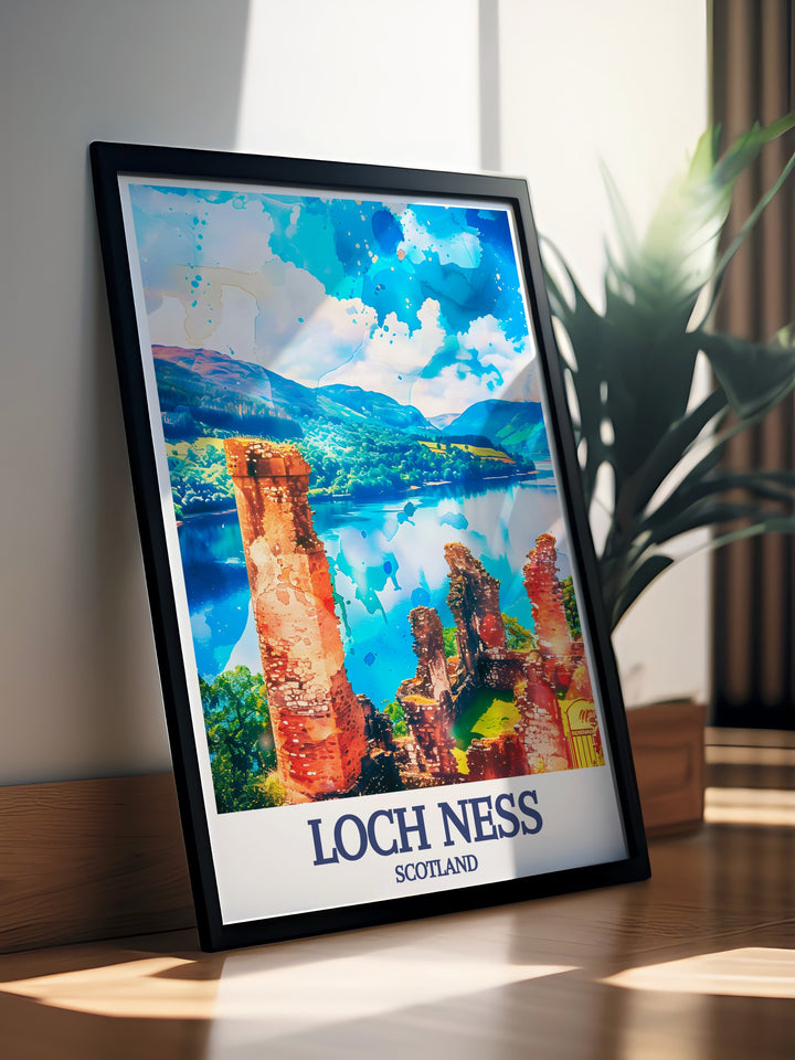 Loch Ness Urquhart Castle art print capturing the peaceful beauty of Scotlands famous loch and its historic ruins. Ideal for creating a calming and inspiring atmosphere in your home, this artwork is perfect for those who appreciate natural landscapes.