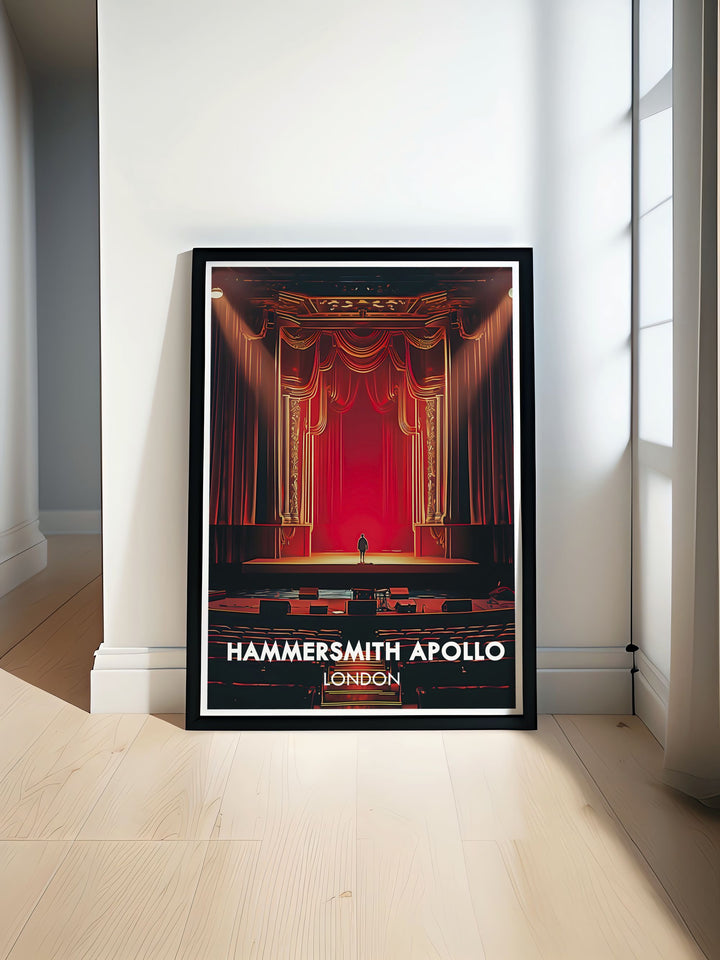 Highlighting the rich cultural heritage of Hammersmith Apollo, this travel poster captures the essence of the venues legendary performances and architectural beauty.
