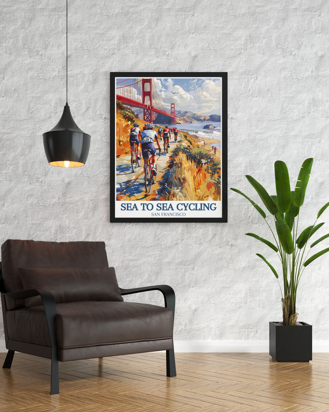The Sea to Sea Cycling Route and the Golden Gate Bridge are beautifully depicted in this poster, celebrating the iconic landmarks and scenic vistas from coast to coast, ideal for cycle touring enthusiasts.