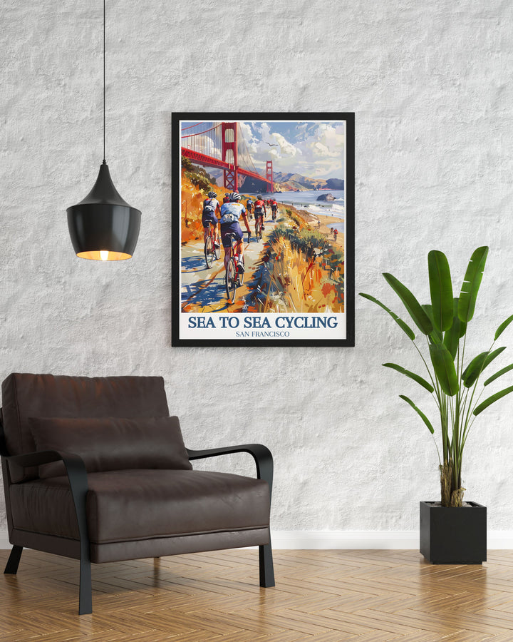 Bring the world of cycling and travel into your home with this Sea to Sea Cycling Poster featuring the UKs C2C route and the Golden Gate Bridge. A great addition to your décor, its ideal for cyclists and adventurers alike.